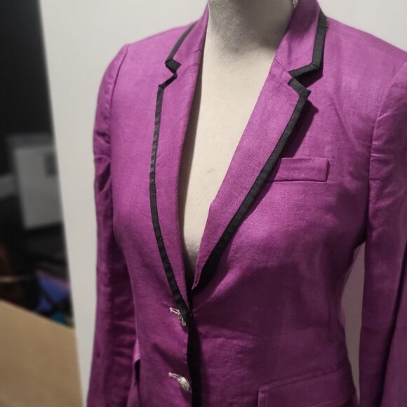 J Crew Purple Linen Blazer with Black Piping, Size 2 (fits 4) 100% Linen - Picture 2 of 10